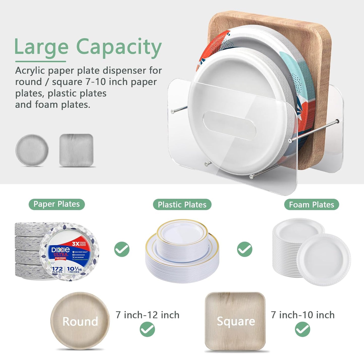 Round/Square Plastic, Foam & Paper Plate Dispenser, Space-Saving 7-12 Inch Disposable Plates Storage Organizer for Cabinet, Countertop, RV or Outdoor Use, Acrylic (Clear)
