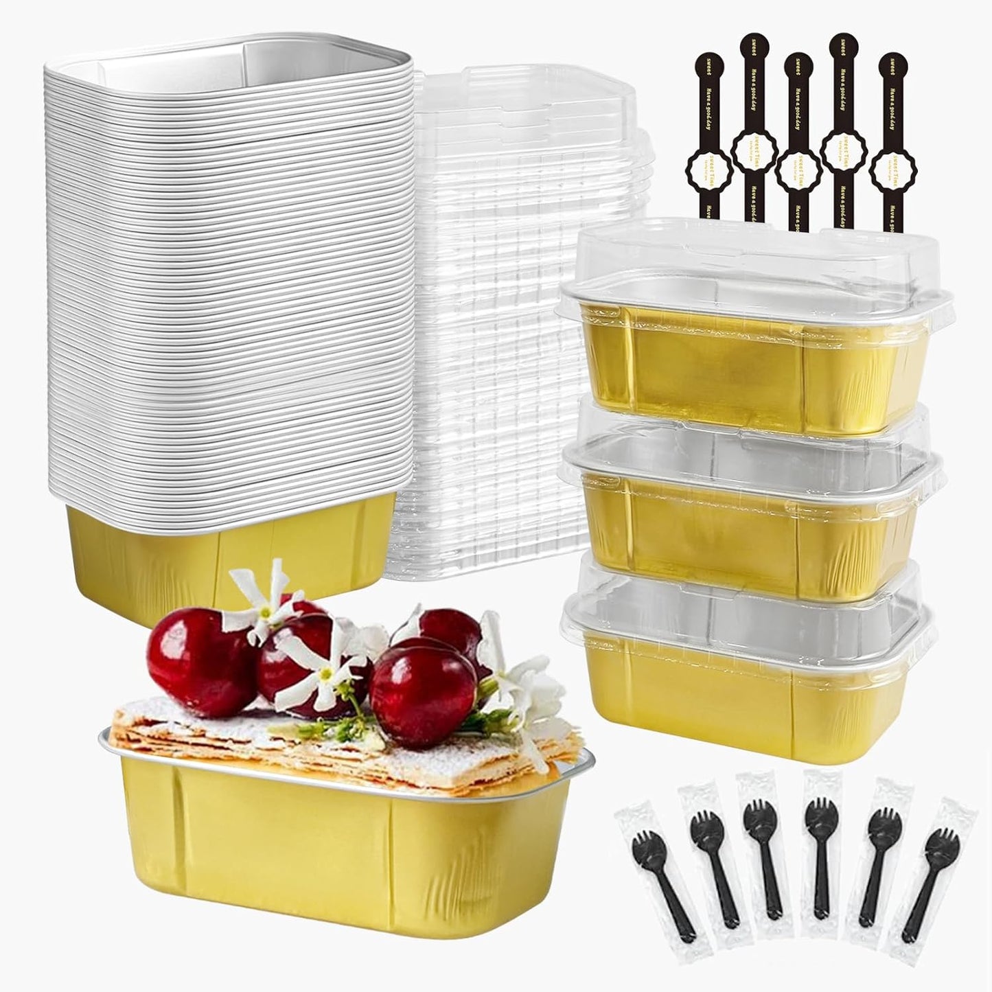 mini loaf pans with lids and spoons 50 Pack,5.5 oz Rectangle mini individual cake tins Disposable Small Aluminum Foil Baking pans(50, Gold)
