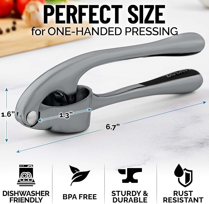 Zulay Kitchen Premium Garlic Press Set - Rust Proof & Dishwasher Safe Professional Garlic Mincer Tool - Easy-Squeeze, Easy-Clean with Soft, Ergonomic Handle - Silicone Garlic Peeler & Brush (Slate)