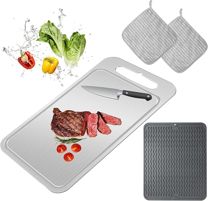 Titanium Cutting Board-Pure Titanium Cutting Boards For Kitchen，Double-Sided Metal Cutting Board with Juice Groove, Separates Meat and Vegetables, Dishwasher Safe (Pure White 14×10 Inch)