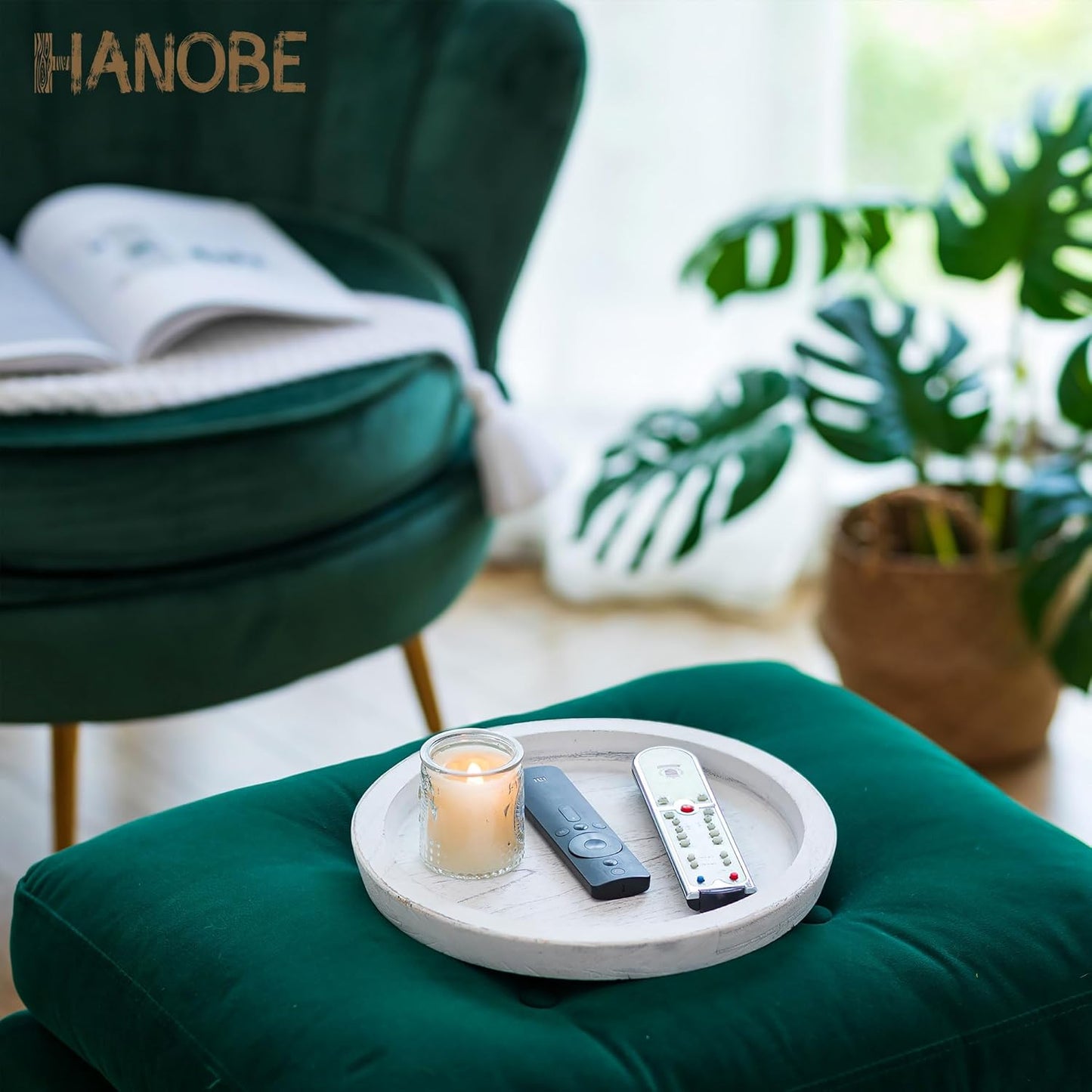 Hanobe Rustic Wooden Serving Tray: Round Wood Decorative Tray Rustic White Set of 2 Centerpiece Candle Holder Trays Farmhouse Ottoman Tray for Kitchen Counter Home Decor for Coffee Table