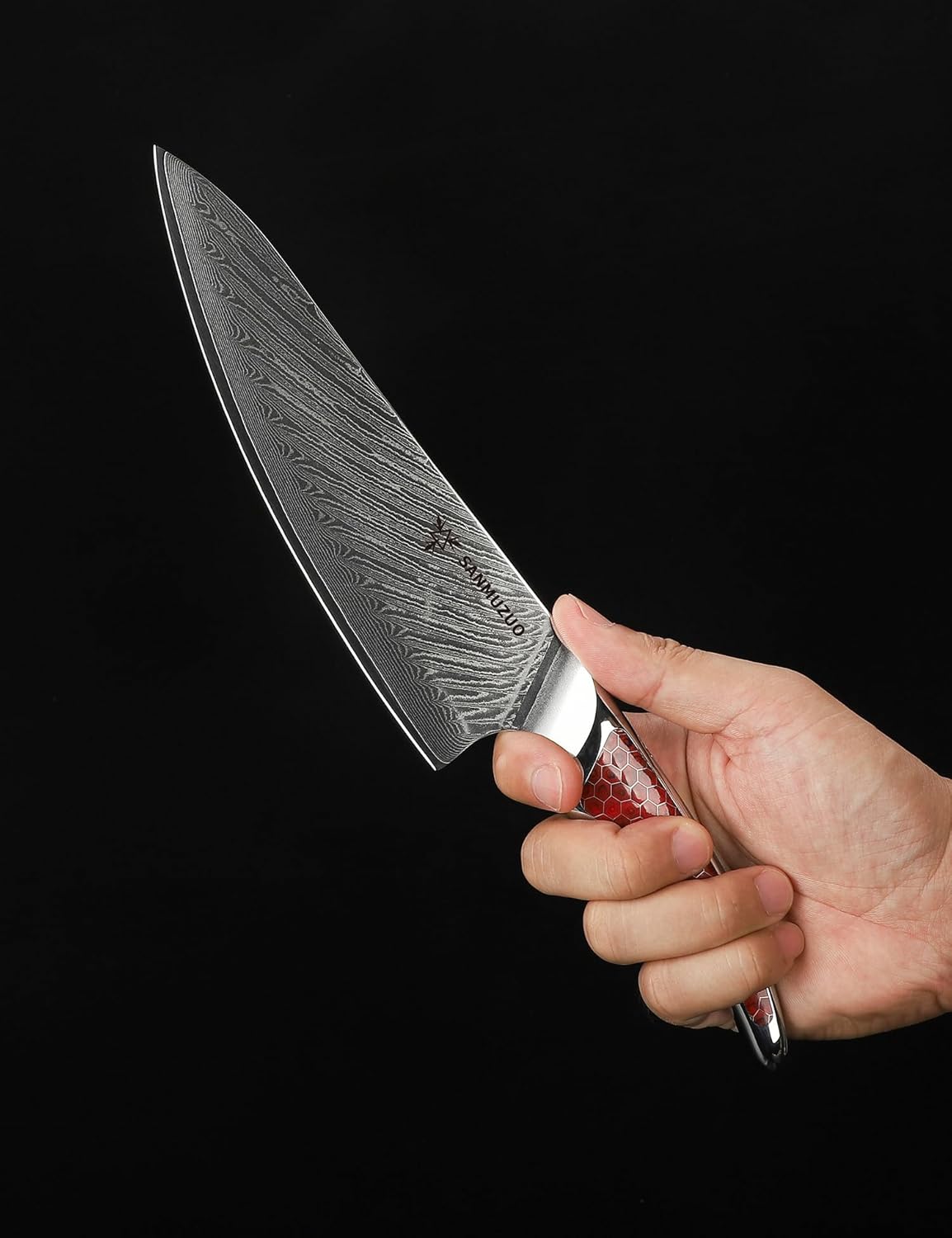 8 inch Chef Knife, Japanese VG-10 Damascus Steel Kitchen Knife, Ultra Sharp Cooking Knife with Full-tang Handle in Red Resin, LA-S9 Series