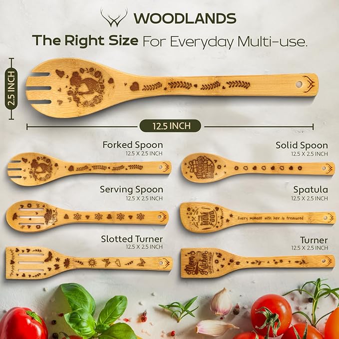 Cooking gifts for women, 6-Piece Bamboo cooking utensils with Spatulas & Spoons, Wooden Utensils, Heat-Resistant, Eco-Friendly Kitchen Utensils for Kitchen gifts for mom (Christmas Gifts for women)