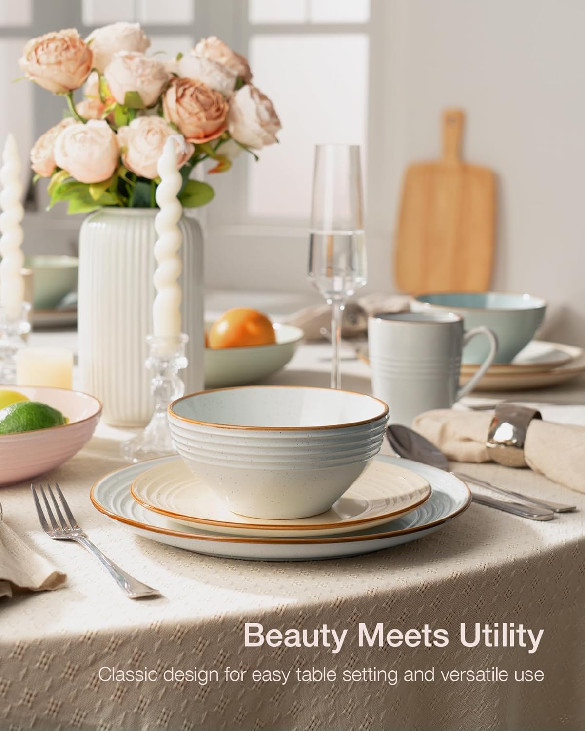 Famiware Jupiter Dinnerware Set with Pasta Bowl, Plates and Double Bowls Dish Sets for 4 (16 Pieces), Microwave and Dishwasher Safe, Chip and Scratch Resistant, Multi-color