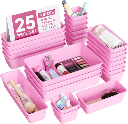 25 PCS Plastic Drawer Organizers Set, 4-Sizes Vanity and Makeup Organizer, Desk and bathroom Drawer Organizer Trays, Organizers and Storage for Makeup, Jewelry, Gadgets, Utensils(Light Purple)