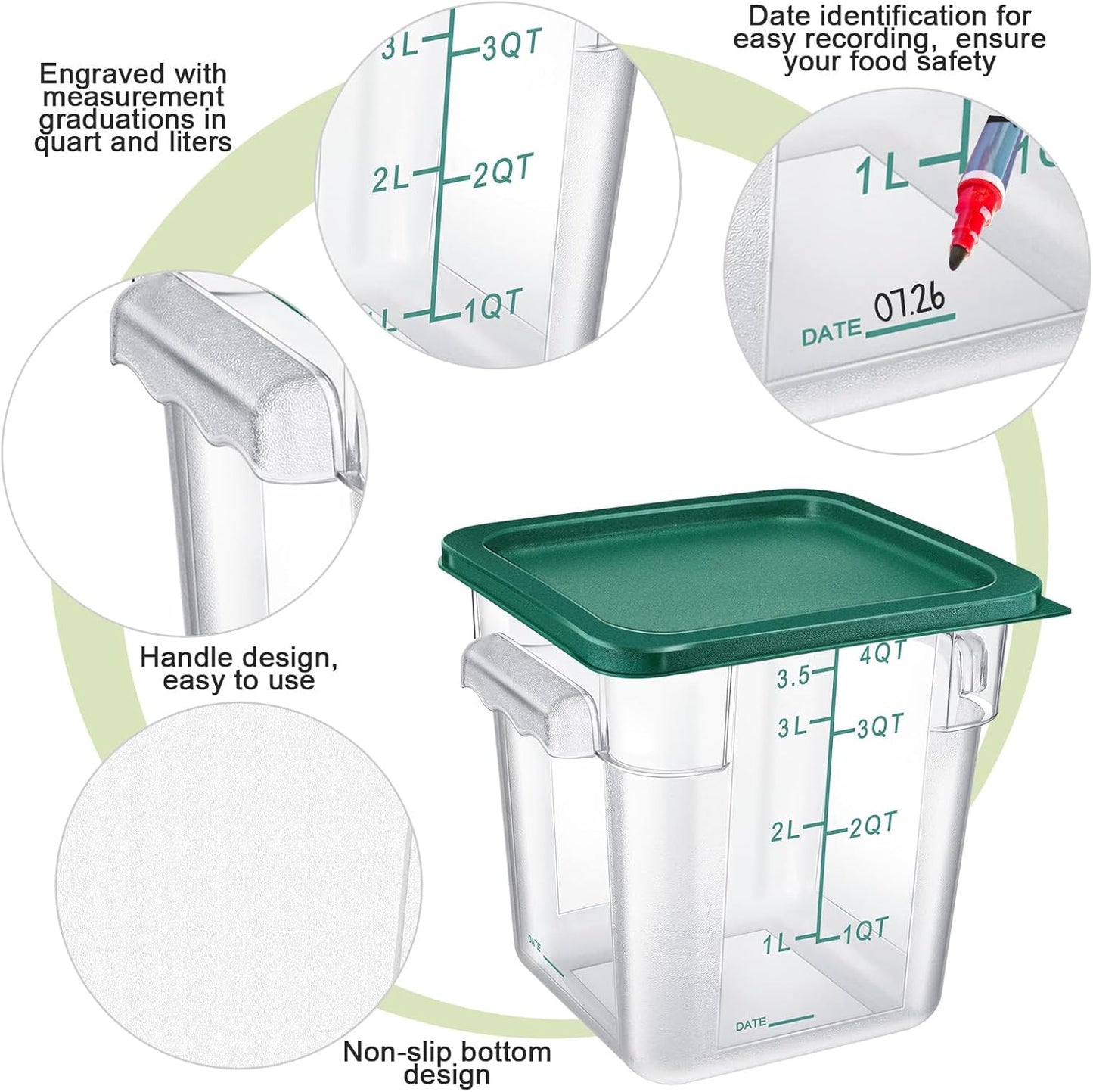 Maxcheck 4 Pcs 4Qt Food Storage Container with Lids Set Square Clear Commercial Containers with Scale and Handle Space Saving for Home Kitchen Restaurant Proof Dough Marinating Meat (Green)