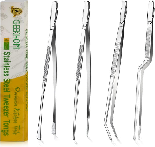 GEEKHOM 4 Pcs 12" Stainless Steel Tweezer Tongs, Silver Multi-Purpose Kitchen Tool Set for Professional Chefs, Home Cooks & Food Enthusiasts
