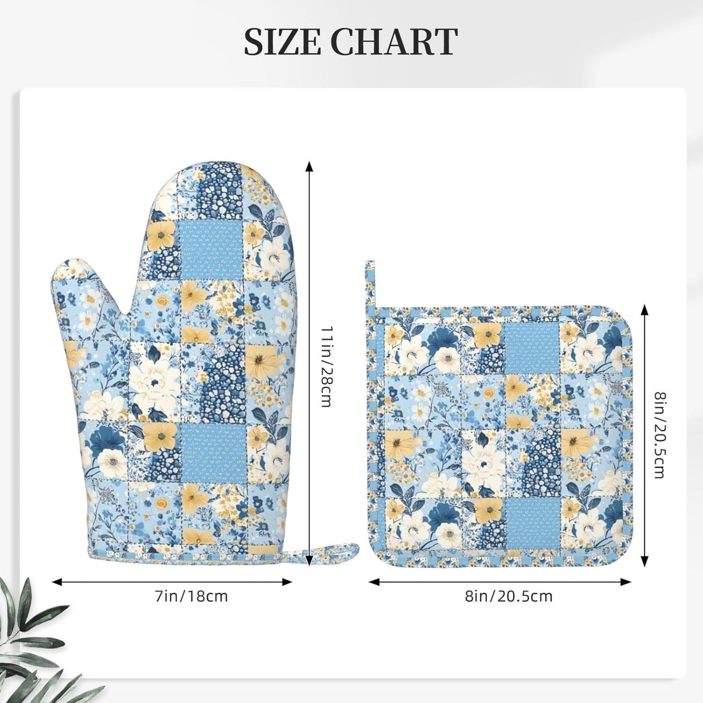 Oven Mitts and Pot Holders Floral Blue Pastel Vintage Silicone Kitchen Accessories Set of 2 Heat Resistant Long Gloves Potholder Non-Slip Grip for Chef Cooking,Baking,Grilling,BBQ