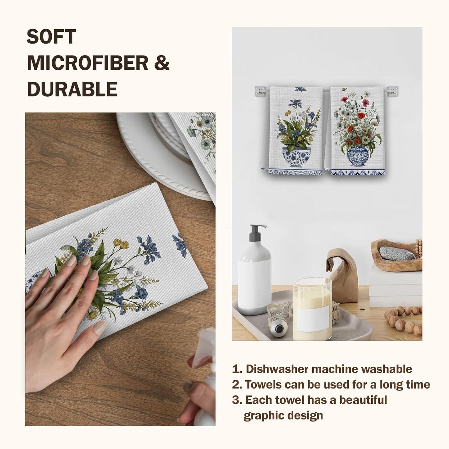 Colorful Flowers Kitchen Towels, Porcelain House Hand Towel Set of 2, Chinoiserie Gifts for Home Bathroom Holiday Decor - A09