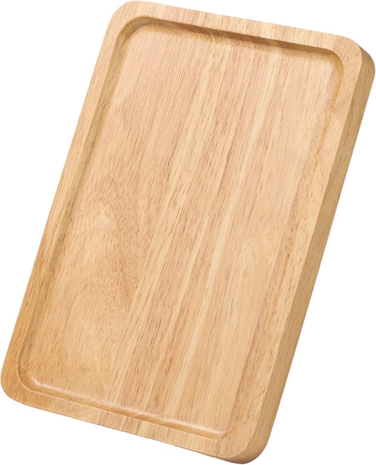 Rectangular Wooden Serving Tray, 9.8" x 6.7" with Side Handles, Natural Solid Wood Platter for Bread, Fruits, Snacks & Dessert, Modern Rustic Easy-to-Carry Tray for Home & Kitchen Use