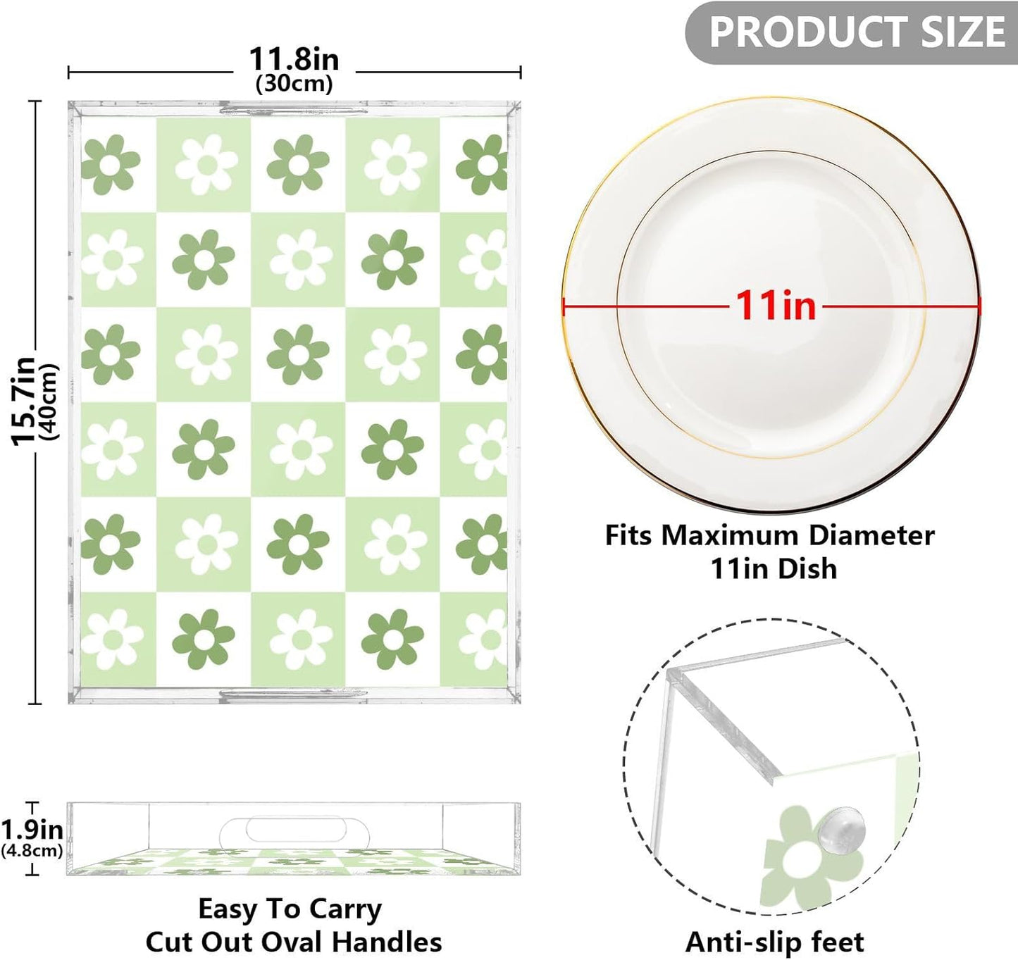 Acrylic Serving Tray with Handles Spill Proof Kitchen Storage Tray Clear Decorative Tray Makeup Drawer Organizer Storage Tray for Bathroom Living Room Ottoman 15.7x11.8Inches