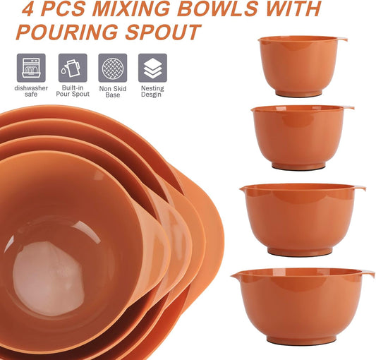 BoxedHome Nesting Plastic Mixing Bowl Set, 4 Piece Mixing Bowl Set with Pour Spouts, Size 1.7, 2.5, 3.5 and 4.5qt, for Prepping, Mixing, Baking, Cooking, Brownish Orange