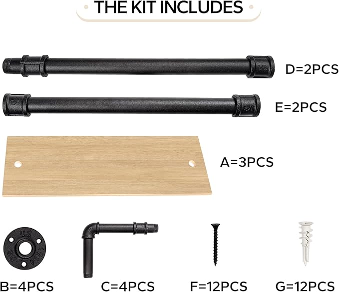 3-Tier Industrial Pipe Floating Shelf – Rustic 30 inch Wood Wall-Mounted Storage Shelf for Kitchen Office,Bathroom & Home Decor -White Oak