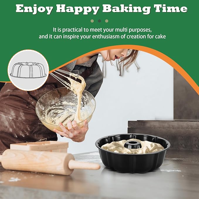 P&P CHEF 10 Inch Black Non-stick Cake Pan, Carbon Steel Fluted Tube Round Baking Pan for Pound Cake, 10-Cup Large Capacity Bakeware, Healthy & Heavy Duty, 1 Piece