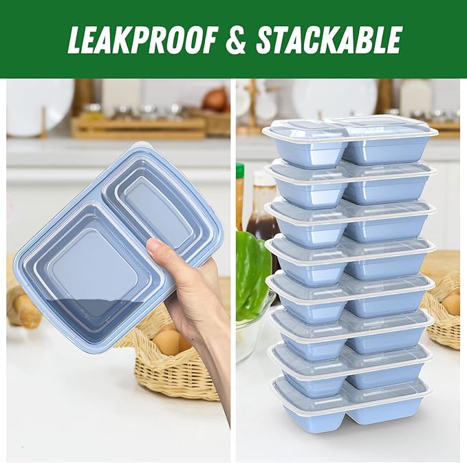50 Pack (100-Piece) 28 oz Meal Prep Containers Reusable with Lids 2-Compartment, Sturdy Leakproof Food Safe, Microwave Freezer Dishwasher Safe, To Go Take Out Plastic Food Storage, Blue