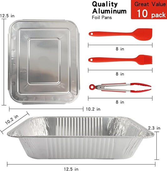 10 Pack Aluminum Pans With Lids,12.5x10.2 Extra Heavy Duty Durable Disposable Aluminum Foil Pans,Half Size Deep Steam Table Pans -Baking Pans for Cooking,Food Prepping,Party Holidays BBQ