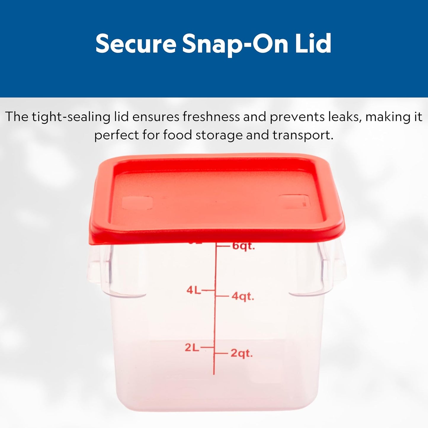 FSE Square Food Storage Container with Red Lid, 6 Quart, Polycarbonate, Reusable, Clear, NSF