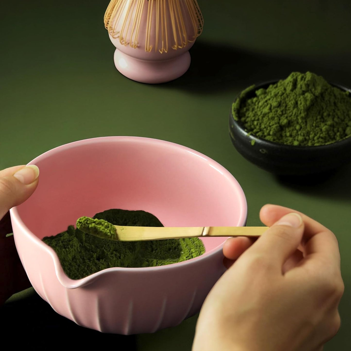 Matcha Whisk Set 7 Pcs - Ceramic Matcha Set with Bowl, Whisk, Holder, Bamboo Scoop, Rest, Sifter, and Tea Towel – Elegant Matcha Kit Gift for Women