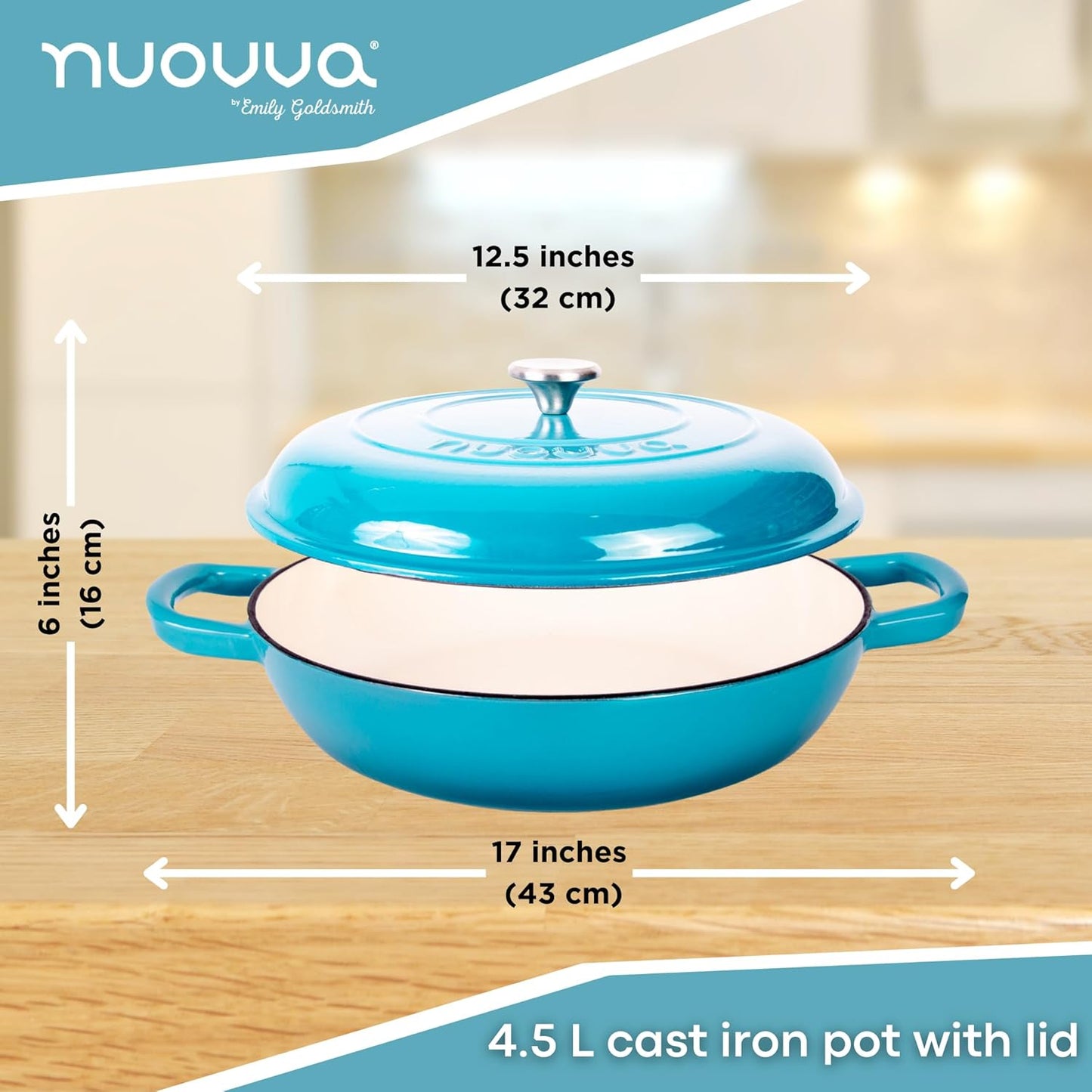 Shallow Cast Iron Casserole with Lid – Non Stick Dutch Oven Pot, Oven Safe up to 500° F – Sturdy Ovenproof Stockpot Cookware – Enamelled Cooking Pot – Blue, 5-Quart, 32cm – by Nuovva