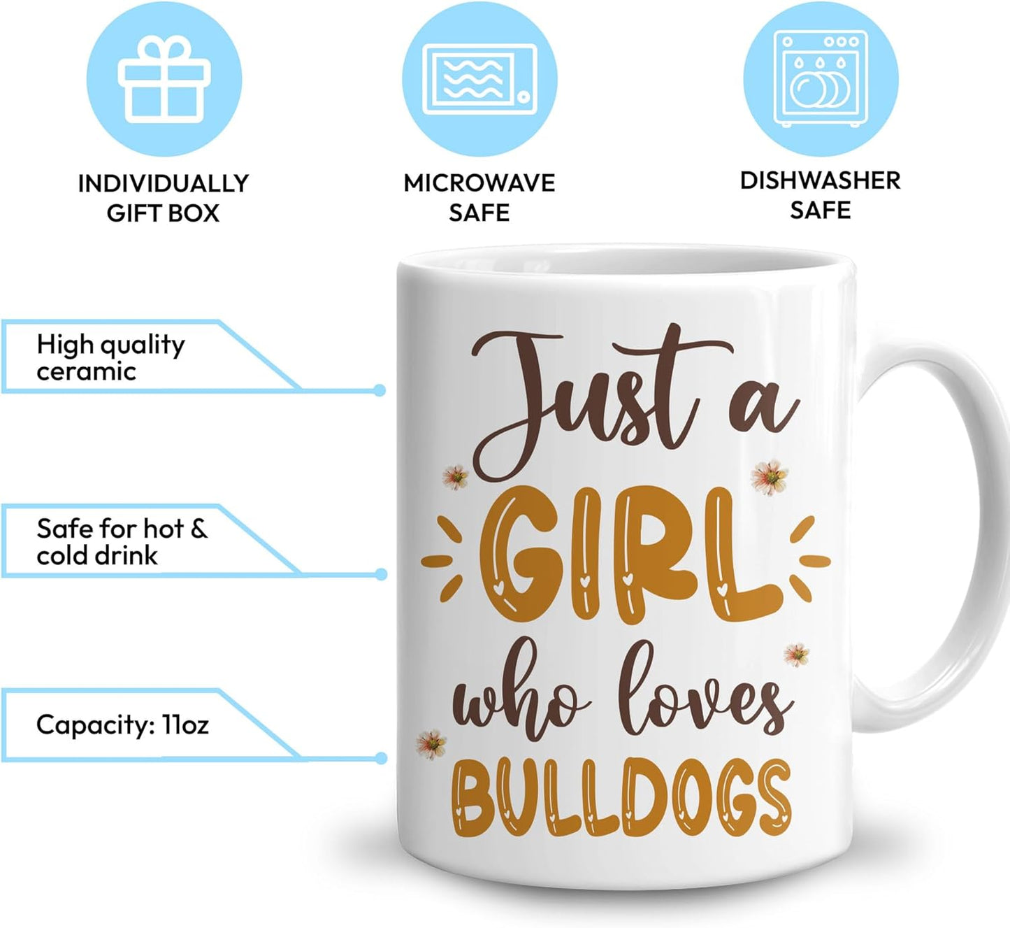 Hyturtle Personalized Gifts Bulldog Lover - Just A Girl Who Loves Bulldogs Custom Name Ceramic Coffee Mug Cup 11oz - Idea Cute Dog Lover Gifts For Women, Girl Daughter On Birthday, Christmas