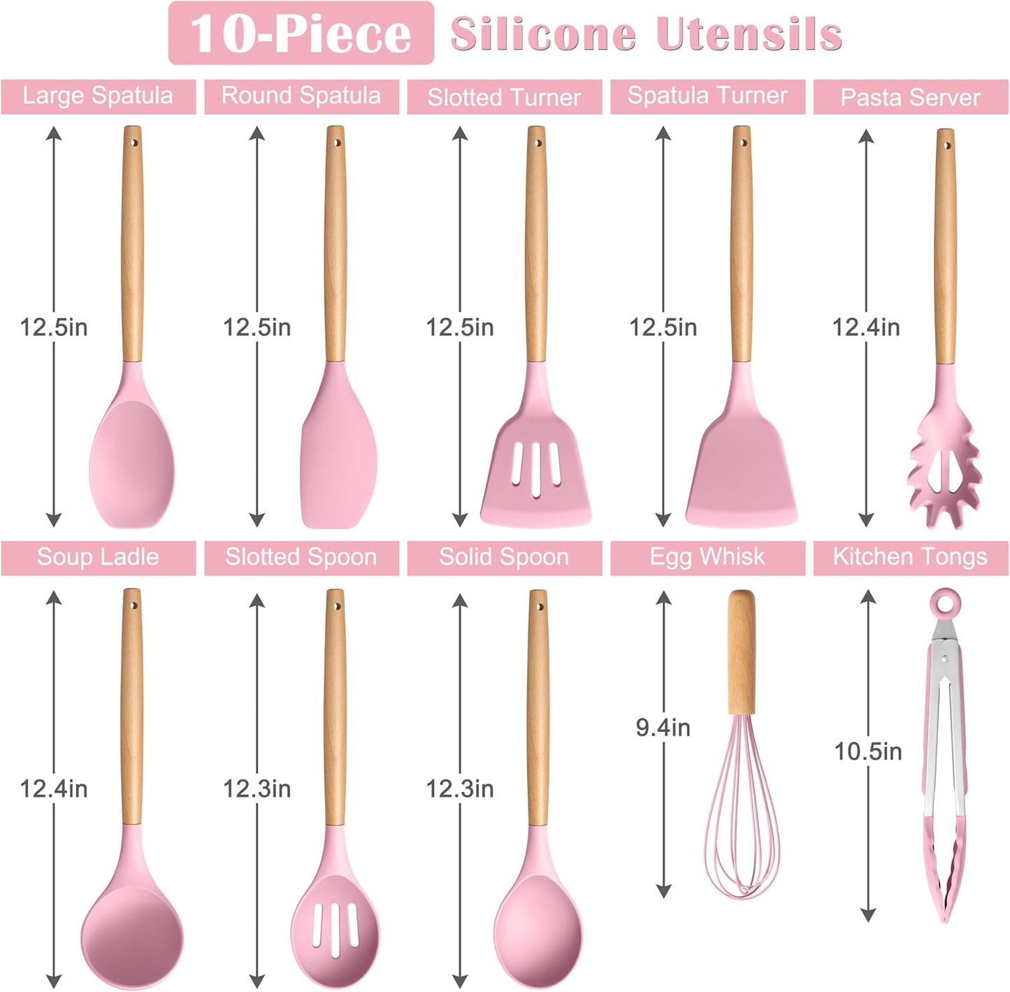 E-far Silicone Cooking Utensils Set, 10-Piece Kitchen Utensils Set with Wooden Handle for Cooking, Non-toxic Silicone Kitchen Nonstick Tools Spatula Whisk Tongs Ladle, Heat Resistant & Health, Pink