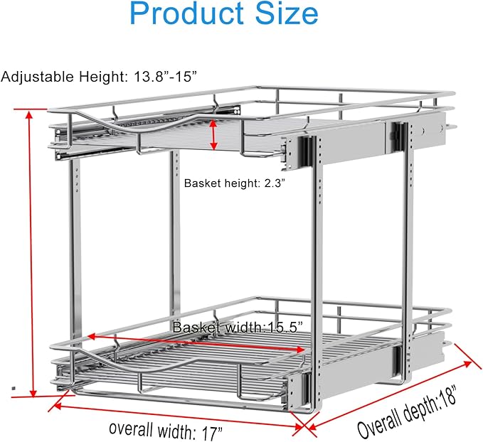 DINDON 2 Tier Pull Out Cabinet Organizer (17" W x 18" D) Heavy-Duty Metal Sliding Drawer Shelf, Two Tier Pull Out Shelves for Kitchen Cabinets, Pantry, Bathroom, Chrome Finish