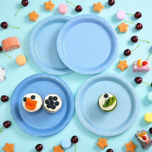 48 Pcs Blue Party Paper Plates, 9 Inch Cute Light Blue Disposable Dessert Baby Bridal Shower Dinner Birthday Cake Paper Plates for Party Bridal Baby Girl Shower Wedding Supplies