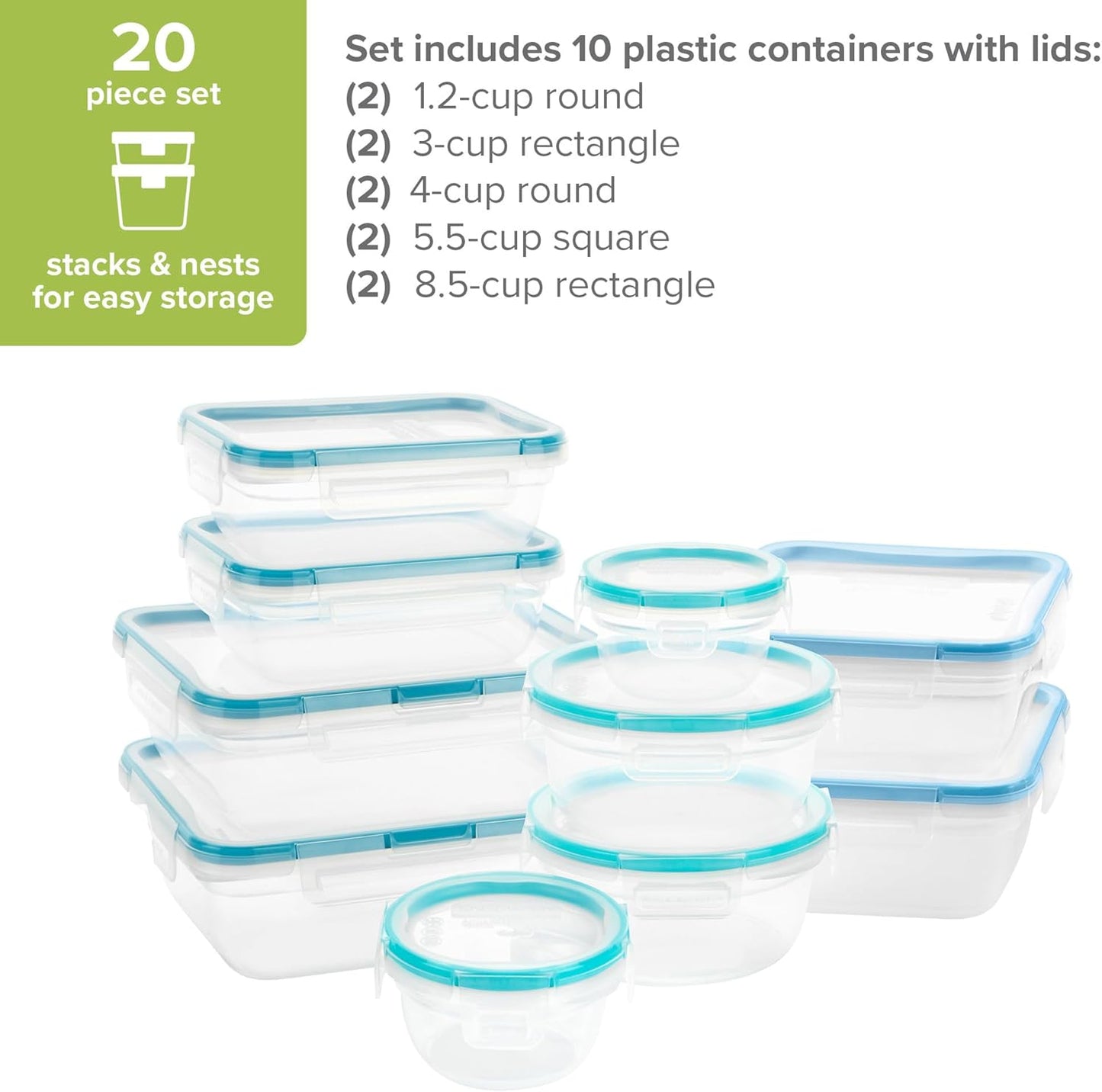 Snapware Total Solutions (10-Pack, Mixed Sizes) Plastic Food Storage Containers Set, Airtight & Leakproof Locking BPA-Free Lids Tupperware, Freezer Dishwasher Microwave Safe