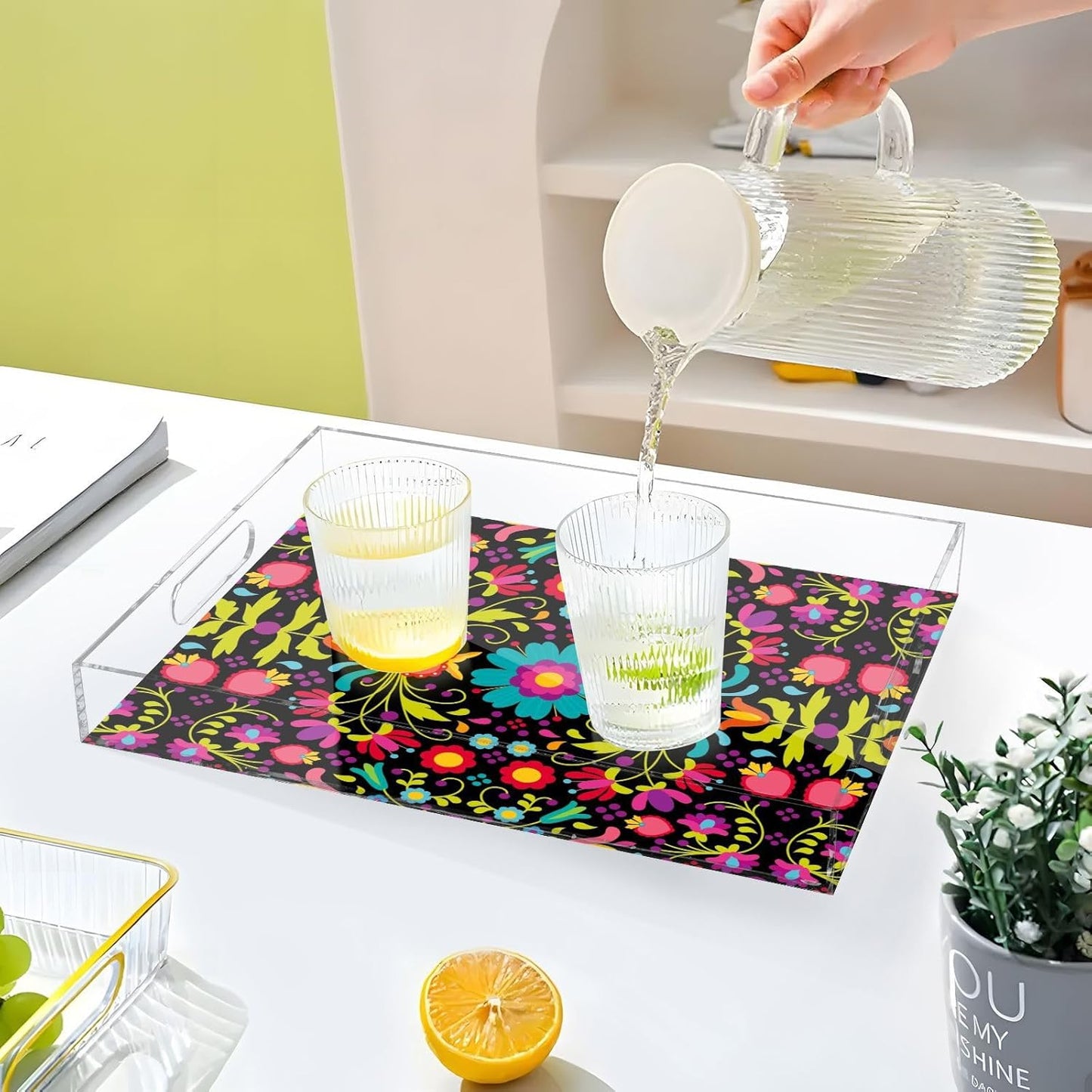 Acrylic Serving Tray with Handles Spill Proof Kitchen Storage Tray Clear Decorative Tray Makeup Drawer Organizer Storage Tray for Bathroom Living Room Ottoman 15.7x11.8Inches