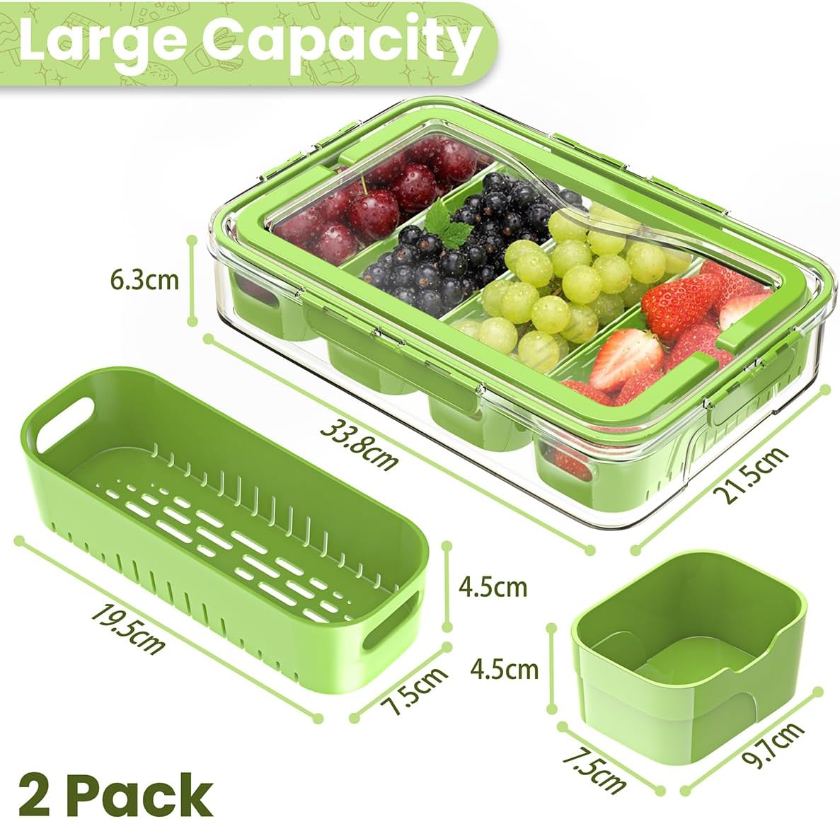 2 Pack Food Divided Storage Containers-Snackle Box Large Charcuterie Container for Portable Fridge Snack Platters-Reusable 12 Compartment Clear Storage with Lid and Handle Organizer(Green)