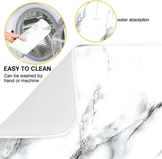 White Marble Pattern Dish Drying Mat for Kitchen Counter Super Absorbent Dishes Pad Reversible Microfiber Protector Dish Draining Mats 18x24 inch