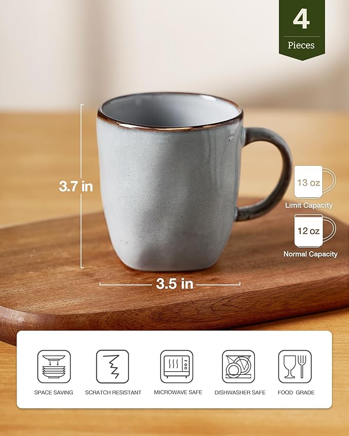 famiware Coffee Mugs Set of 4, Ocean Square 13oz Coffee Cup Set with Handle for Cocoa, Milk, Hot Chocolate, Tea, Water, Stoneware Cups for Kitchen, Microwave and Dishwasher Safe, Grey
