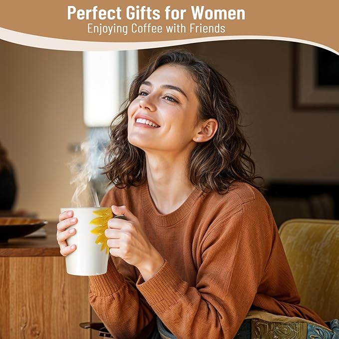 Ceramic Coffee Mug Set of 2-Sunflower Coffee Cups Sets Include 15 oz Large Coffee Mug,9 oz Wide Cappuccino Cup with a Saucer,3D Novelty Coffee Cups for Tea,Latte,Hot Cocoa,Milk,Unique Gifts for Women