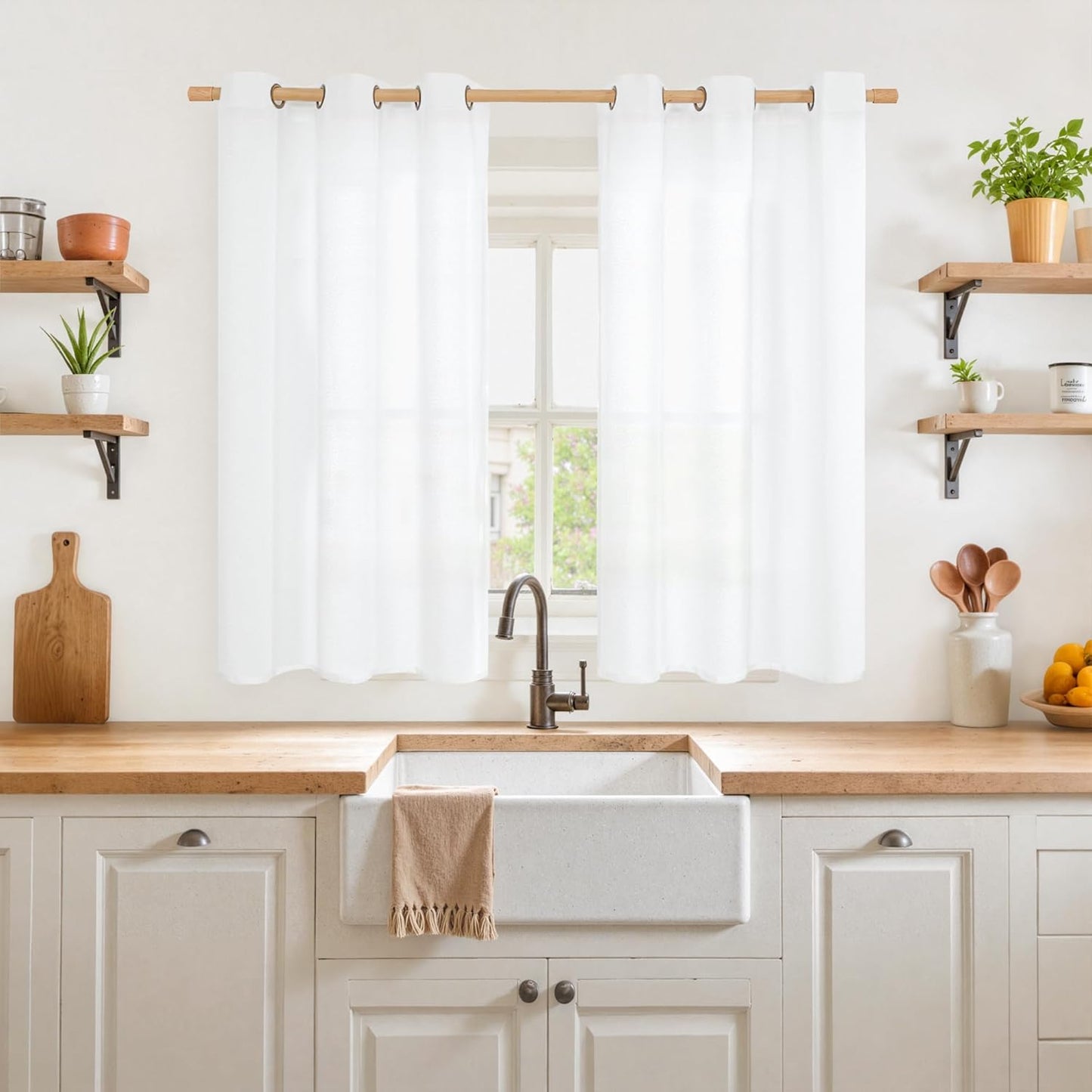 YoungsTex 45 Inch Length White Linen Curtains for Kitchen Cafe Window - Short Semi Sheer Drapes Light Filtering with Bronze Grommet Privacy for Bedroom Bathroom, 2 Panels, 42 X 45 Inch