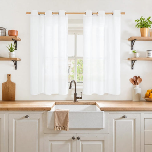 YoungsTex 45 Inch Length White Linen Curtains for Kitchen Cafe Window - Short Semi Sheer Drapes Light Filtering with Bronze Grommet Privacy for Bedroom Bathroom, 2 Panels, 42 X 45 Inch