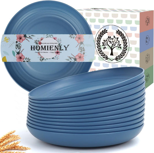 Homienly Deep Dinner Set of 12 - Alternative for Plastic, Microwave and Dishwasher Safe Wheat Straw Plates for Kitchen, Unbreakable Kids (Blue, 9 Inch)