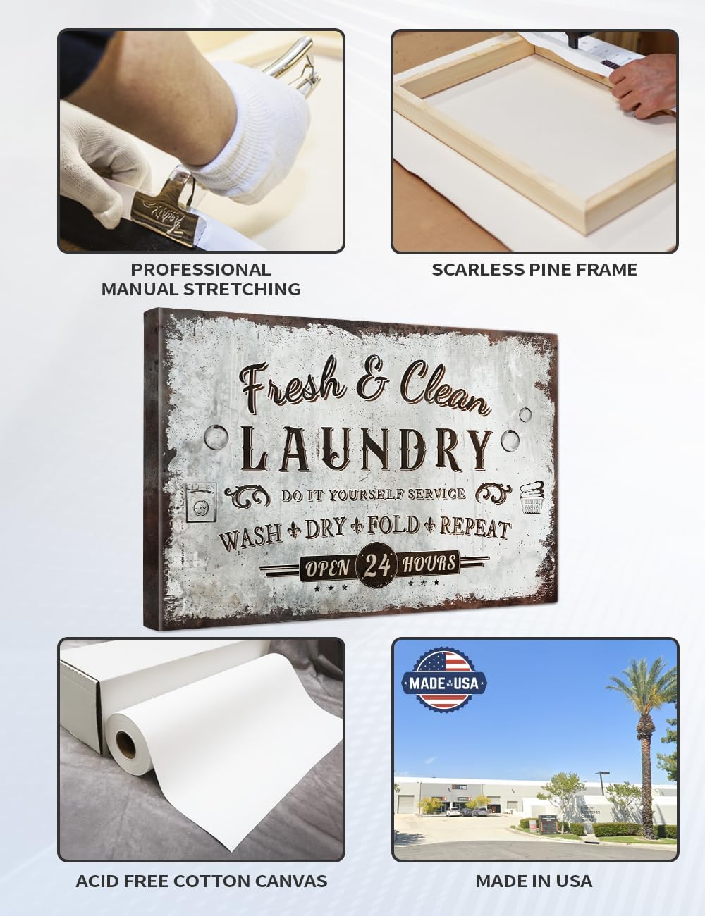 IPIC - Rustic Laundry Sign Wash Dry Fold Repeat, Large Canvas Wall Art for Family Laundry Room, Rustic Farmhouse Style Wall Decor for Home, Made in USA