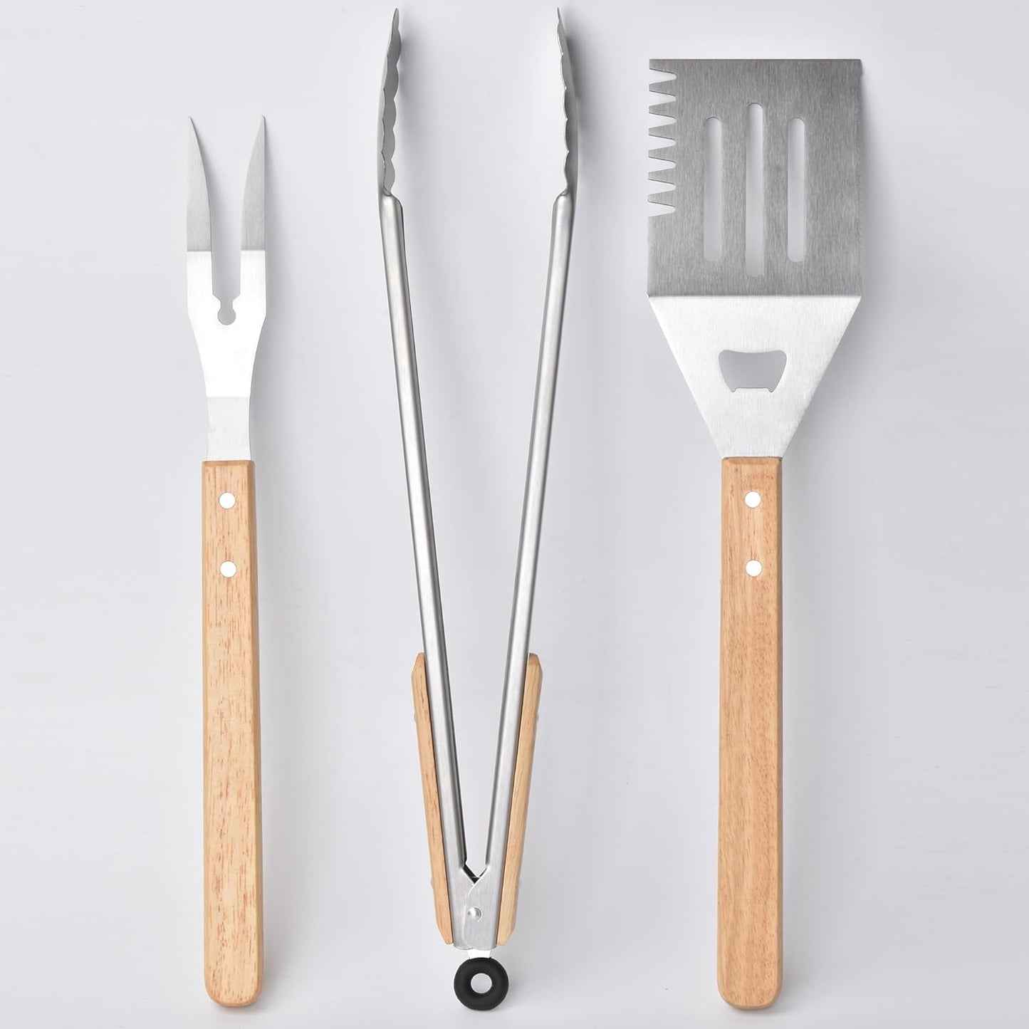 3 Piece Barbecue Tool Sets,Heavy Duty Stainless Steel and Wooden Handles BBQ Tool Sets,Grill Accessories,Grilling Spatula,Fork,Tongs for Outdoor Grill Cooking (Large BBQ Tools Set-3P)
