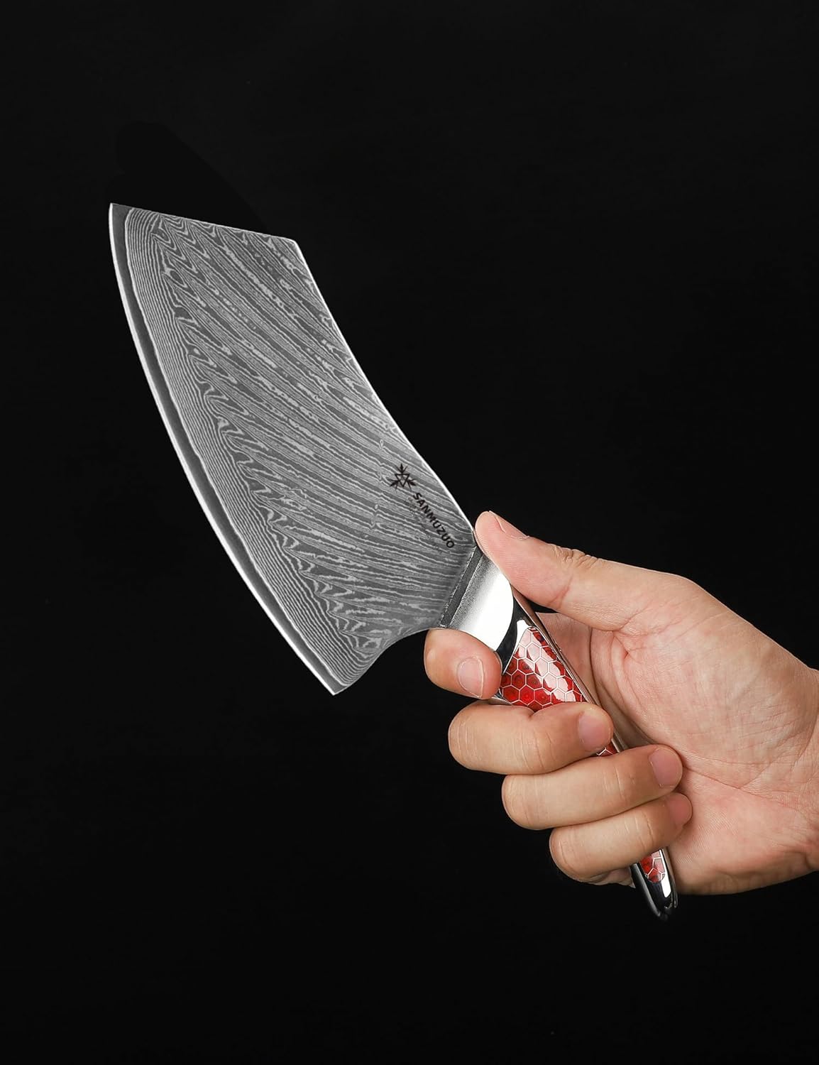 7 inch Nakiri Knife, Japanese VG-10 Damascus Steel Meat Cleaver, Ultra Sharp Vegetable Knife with Full-tang Handle in Red Resin, LA-S9 Series