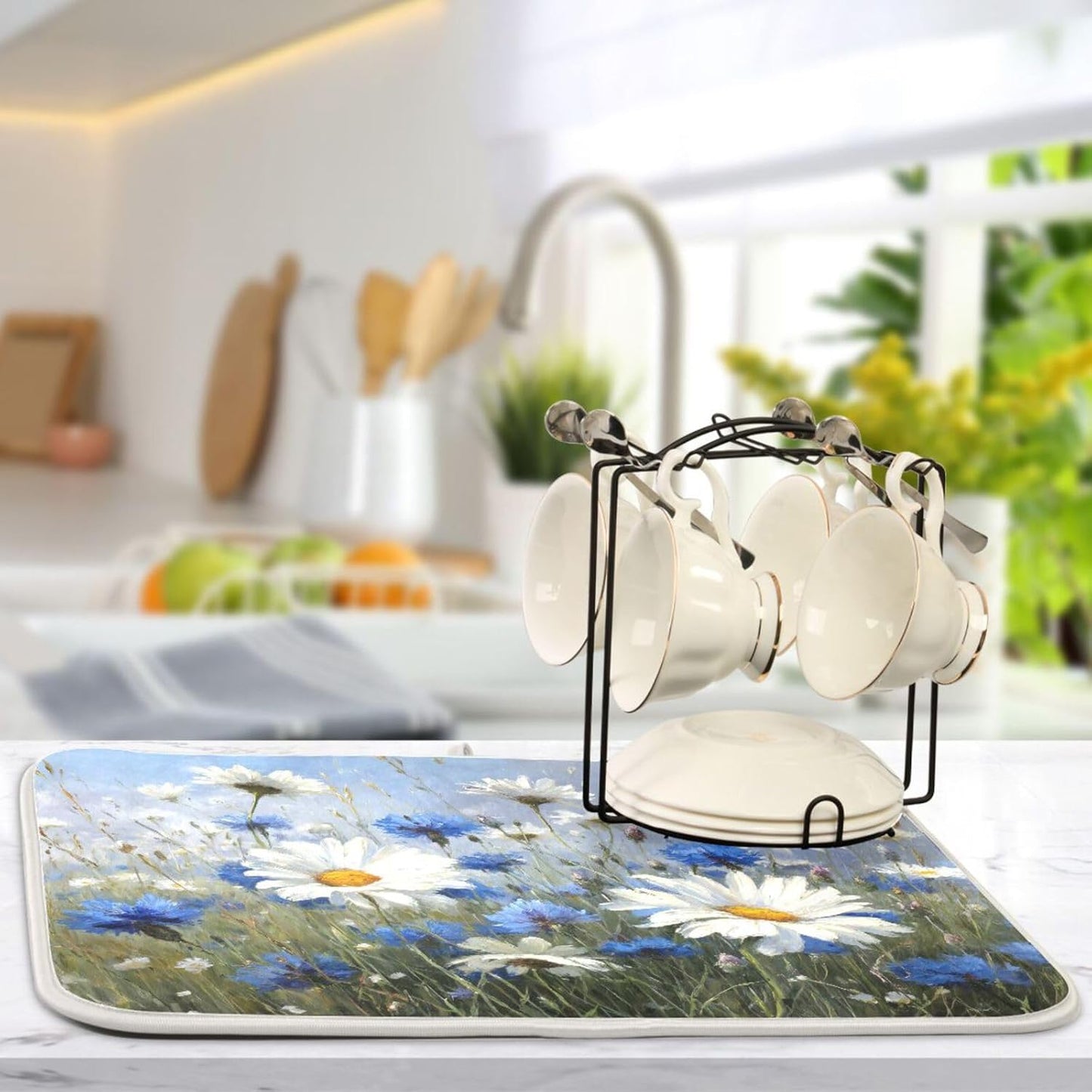 White Daisies and Cornflowers Dish Drying Mat for Kitchen Counter Super Absorbent Dishes Pad Reversible Microfiber Protector Dish Draining Mats 16x18 inch