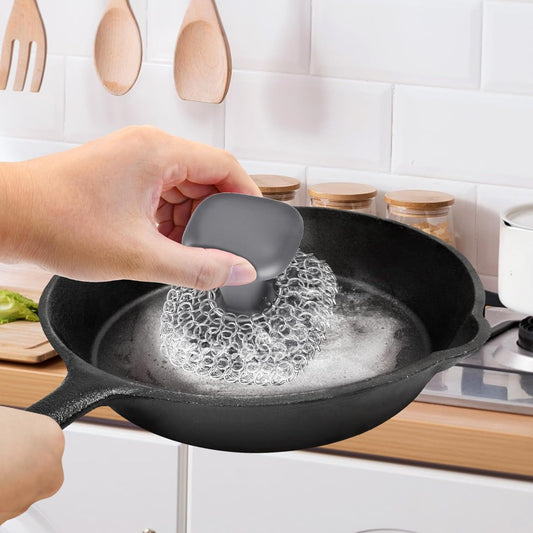 Cast Iron Scrubber, Cast Iron Cleaner with Pan Scraper, Chainmail Scrubber for Cleaning Dishes, Stock Pots, Pans, Griddles, Grills - Dish Scouring Pad Dishwasher Safe Cleaning Kit, Black