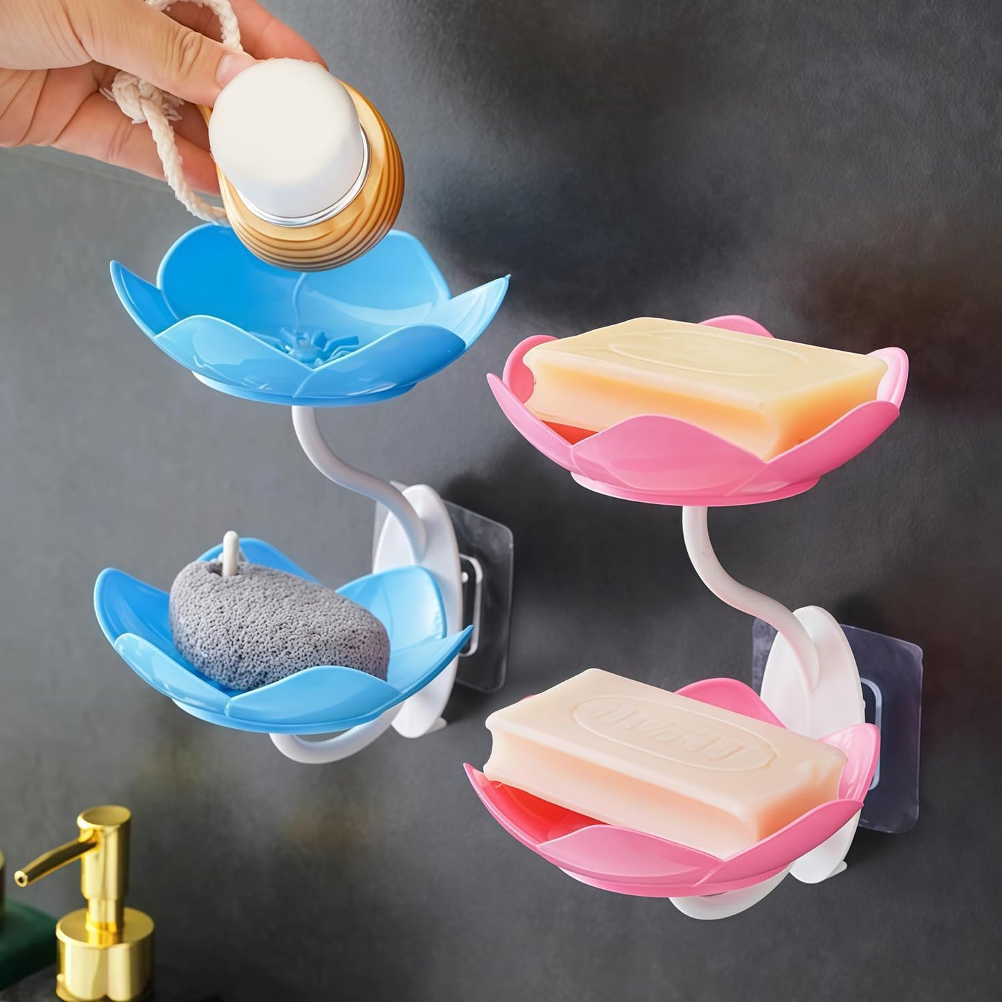 2 Pack Soap Dish Holder for Shower Bar Double Layer Cute Lotus Shape Adhesive Tray Sink Wall Mounted Shampoo NO-Drilling Self Draining Hanging Saver Rack Plastic Bathroom Bathtub Kitchen,Pink+Blue
