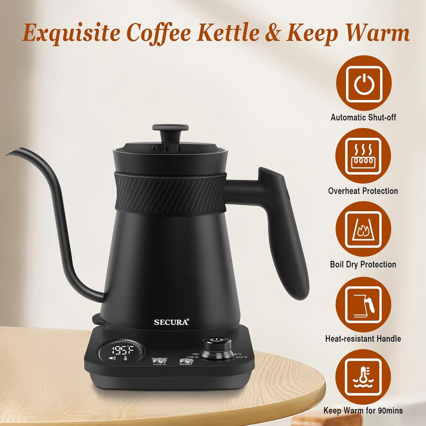 Secura Electric Gooseneck Kettle with 5 Temperature Control Presets, 100% Stainless Steel Inner Tea/Coffee Kettle with 1.5H Keep Warm, 1200 Watt Quick Heating for Coffee Tea Brewing, 0.8L, Matt Black