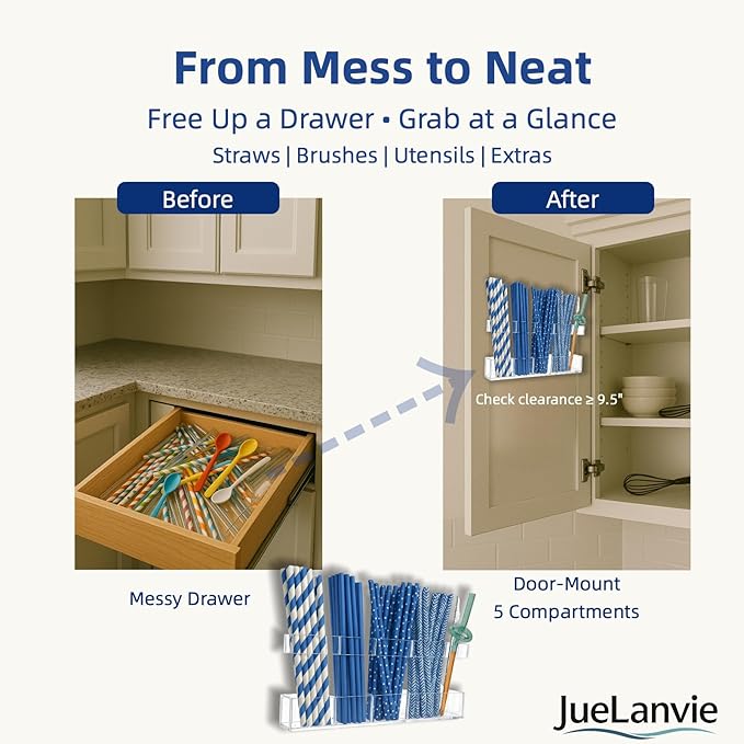 Upgraded 9.5” Acrylic Straw Holder for Cabinet Door – Adjustable Two-Part Organizer, Clear Kitchen Storage with Strong Adhesive, Space-Saving, No Drilling, Renter-Friendly