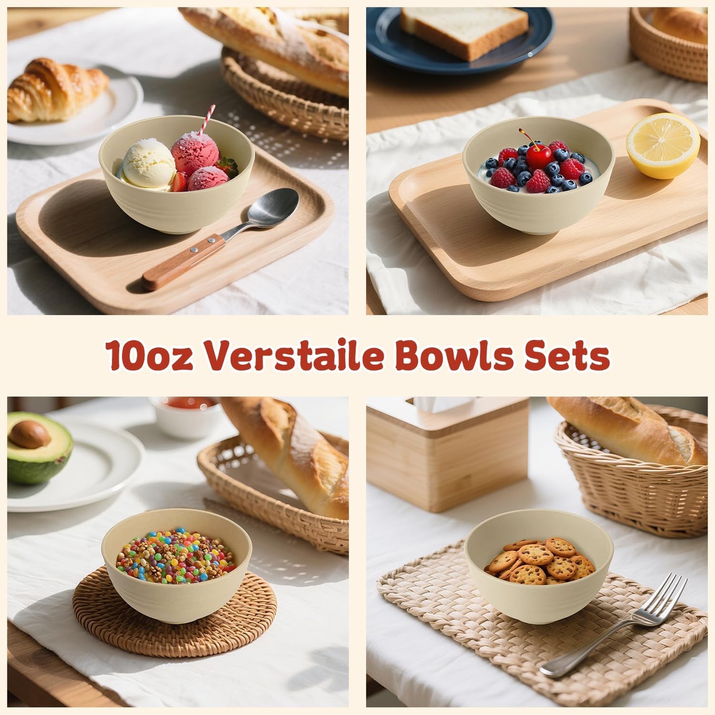 Wrova Small Wheat Straw Bowls Sets of 6,Dishwasher Safe and Microwave Safe Snack Bowls 10oz,Alternative Handy Plastic Bowls Reusable for Snack and Ice Cream.Beige Series