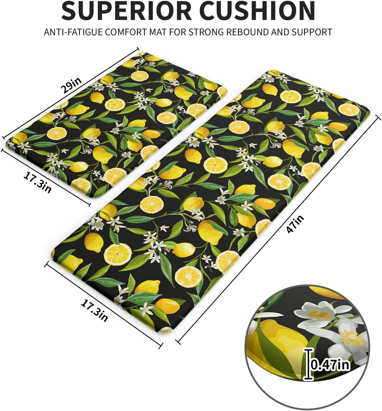 Lemon Kitchen Mats for Floor Set of 2 - Anti Fatigue Mats for Kitchen Floor, Cushioned Non-Skid Washable Memory Foam Rug for Office, Sink, Laundry (17.3"×29"+17.3"×47"-0.47") Black