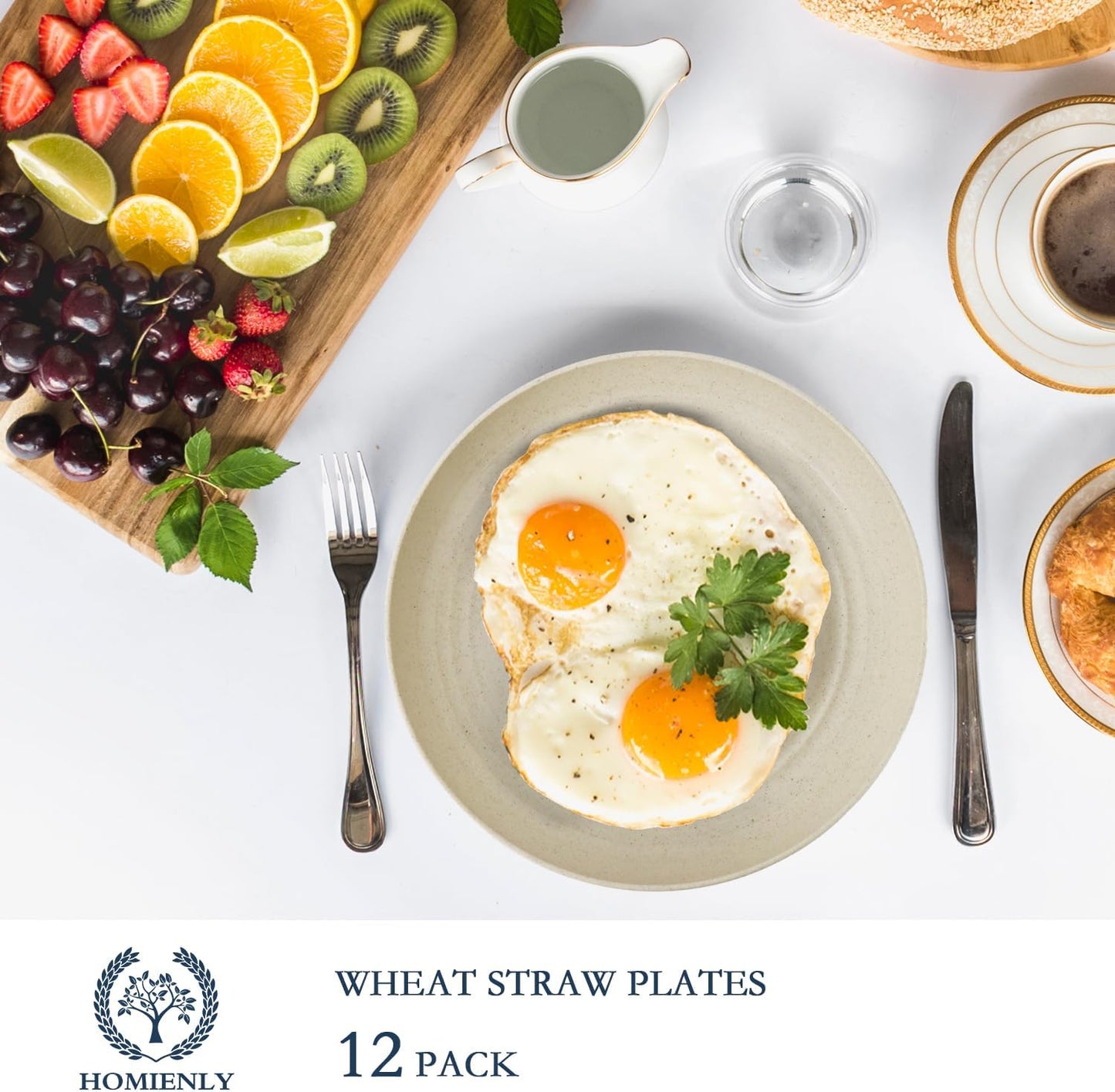 Homienly Wheat Straw Dinner Plates Set of 12 - Microwave & Dishwasher Safe Unbreakable Kids Plates (Beige, 9 inch)