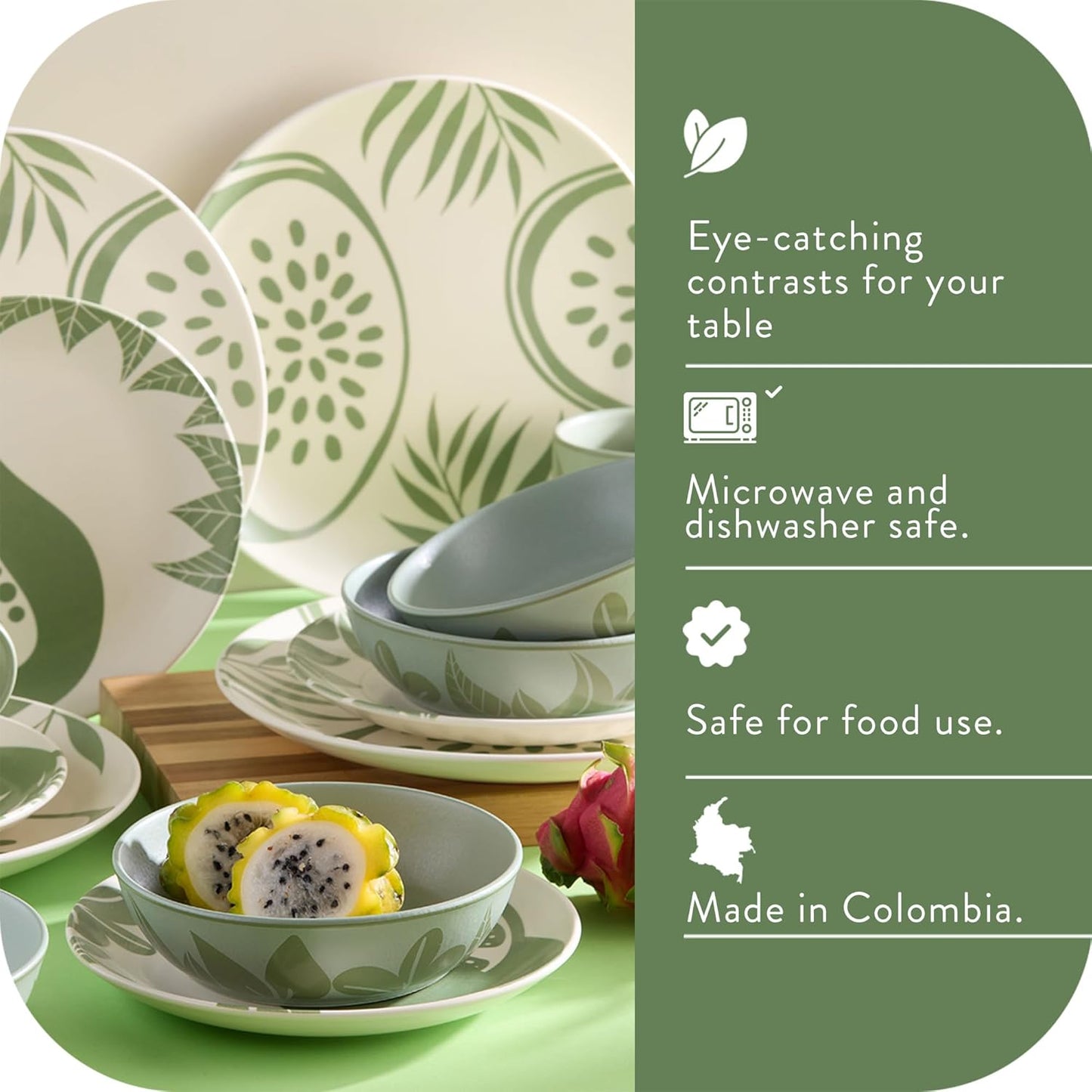 Corona 16–piece Green Tropical Fruit Design Ceramic Dinnerware Sets | Plates, Bowls and Mugs | Service For 4 | Frutto
