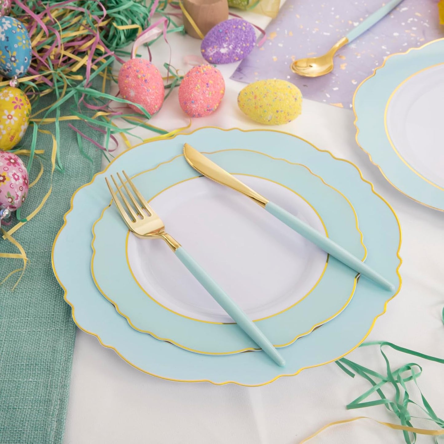 WDF 30Guest Mint Green Plastic Plates & Disposable Gold Silverware With Green Handle-Baroque Green &Gold Plastic Dinnerware for Upscale Party/Picnic/Birthday