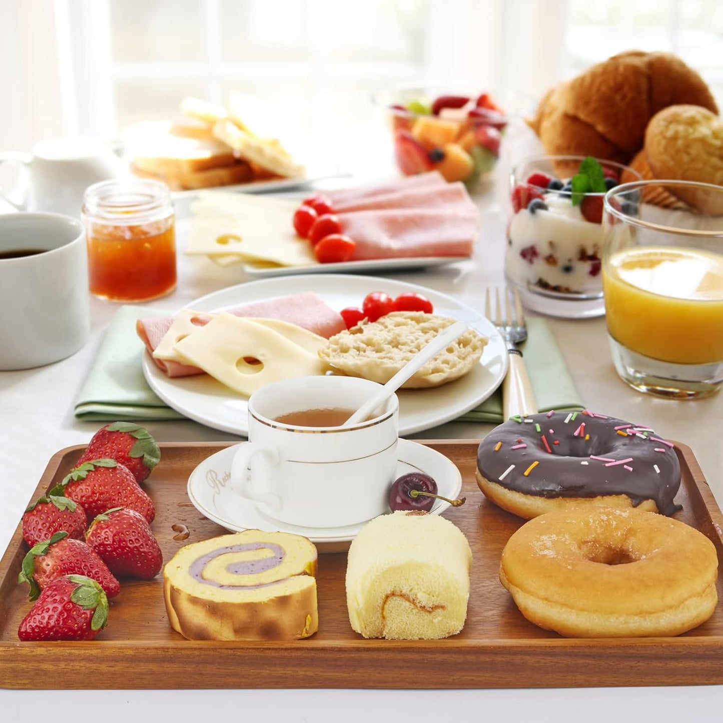 16" x12" Large Solid Acacia Wood Serving Tray Rectangular Wooden Serving Platter Natural Wooden Board for Bar Coffee Party